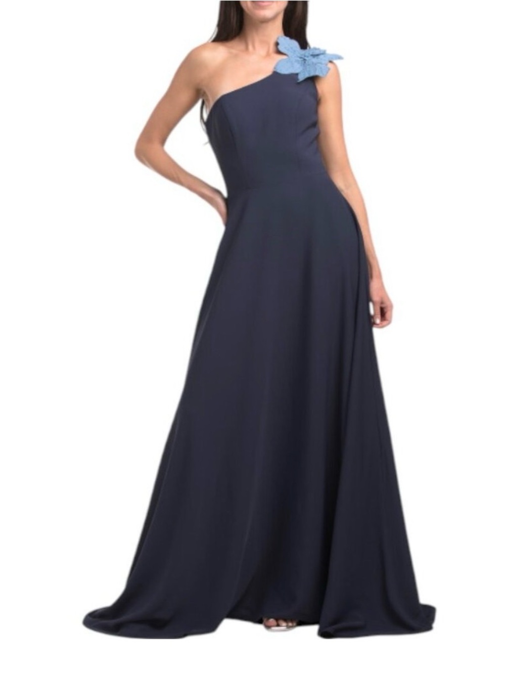 Terani Couture One Shoulder Blue Gown Floral Applique Formal Dress Size 12 NWT